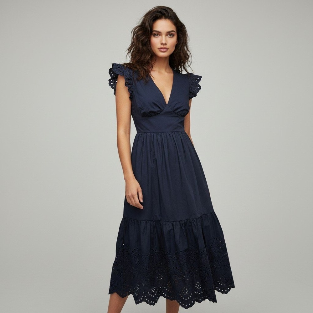 Hyacinth House Navy Blue Eyelet Flutter Sleeve Tiered Cotton Midi Dress Size XS